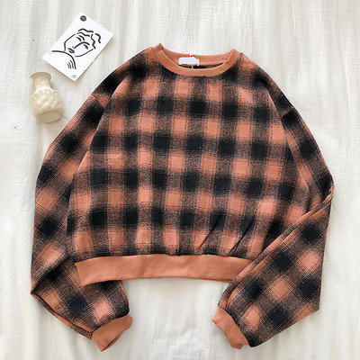 Καρό γυναικείο πουλόβερ  ρετρό στυλ με στρογγυλη λαιμόκοκκο και μακρύ μανίκι