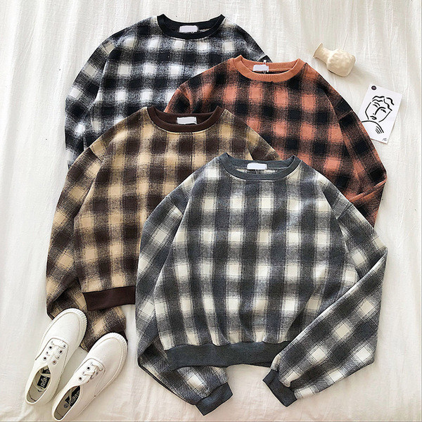 Καρό γυναικείο πουλόβερ  ρετρό στυλ με στρογγυλη λαιμόκοκκο και μακρύ μανίκι