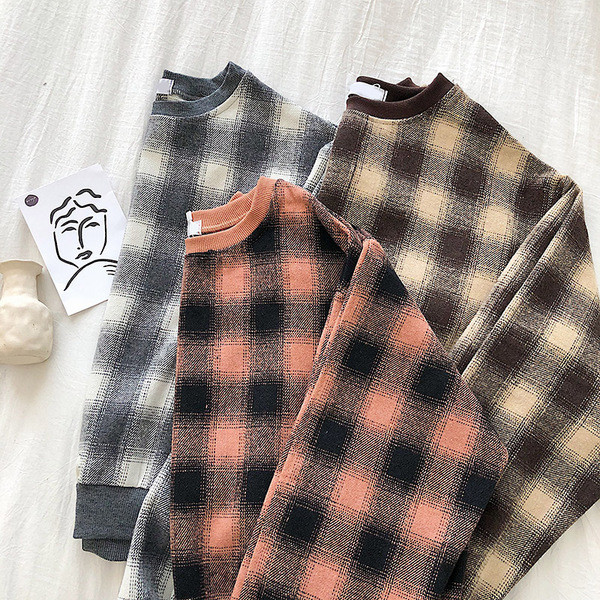 Καρό γυναικείο πουλόβερ  ρετρό στυλ με στρογγυλη λαιμόκοκκο και μακρύ μανίκι