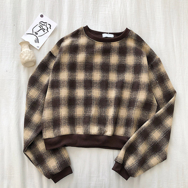 Καρό γυναικείο πουλόβερ  ρετρό στυλ με στρογγυλη λαιμόκοκκο και μακρύ μανίκι