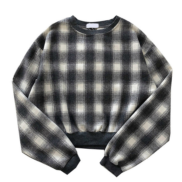 Καρό γυναικείο πουλόβερ  ρετρό στυλ με στρογγυλη λαιμόκοκκο και μακρύ μανίκι