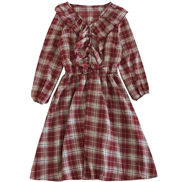 Γυναικείο ρετρό μακρυμάνικο φόρεμα  με V-λαιμόκοψη