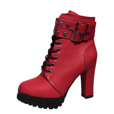 Μοντέρνες γυναικείες μπότες γυναικείες με ψηλό τακούνι και πόρπη σε μαύρο και κόκκινο χρώμα