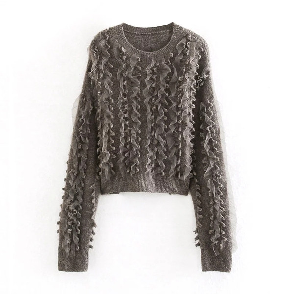Κοντό γυναικείο πουλόβερ  σε γκρι χρώμα με βολάν από τούλι