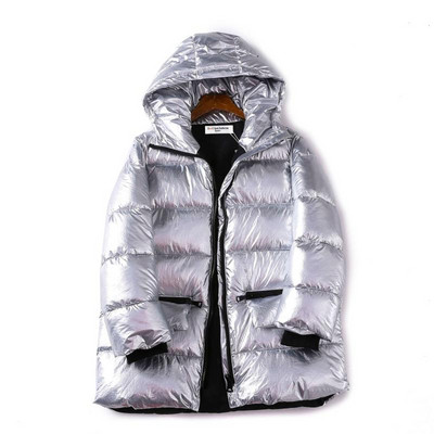 Geaca de iarna lunga cu fermoar si gluga de culoare argintie