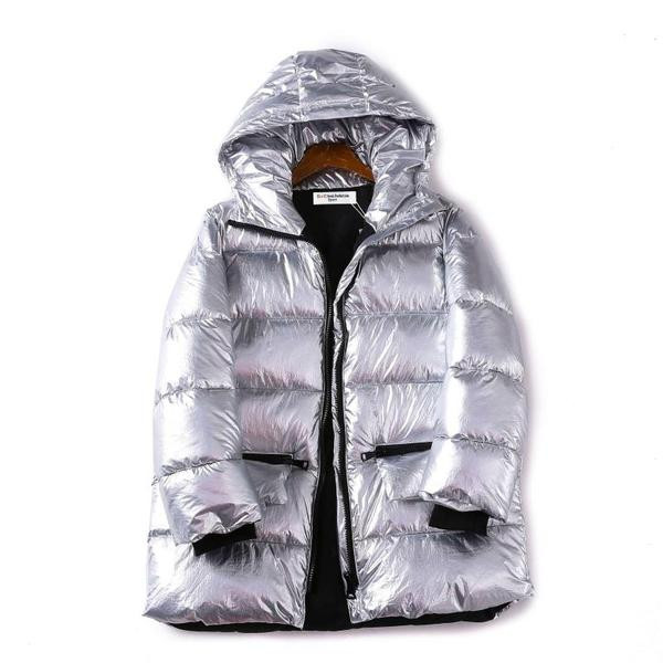 Geaca de iarna lunga cu fermoar si gluga de culoare argintie