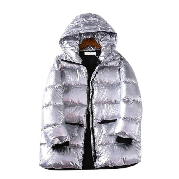 Geaca de iarna lunga cu fermoar si gluga de culoare argintie