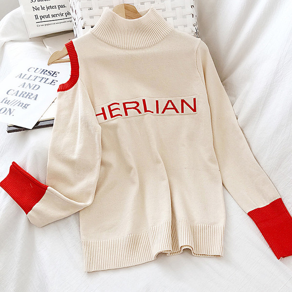 Γυναικείο casual πουλόβερ με ψηλό γιακά και γυμνό ώμο σε μαύρο, λευκό και καφέ χρώμα