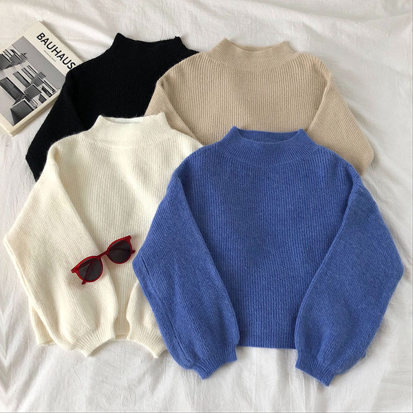 Γυναικείο πουλόβερ  σε τέσσερα χρώματα με ημι-υψηλό κολάρο και φαρδιά μανίκια