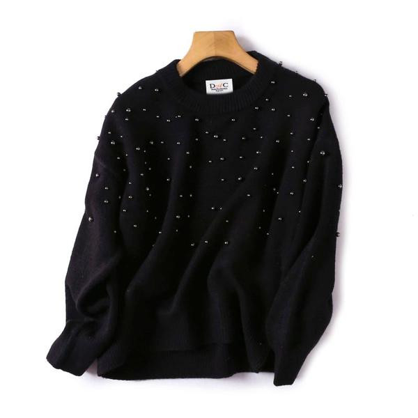 Γυναικείο φαρδύ πουλόβερ σε γκρι και μαύρο χρώμα με χάντρες