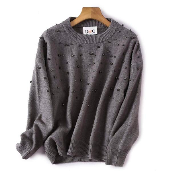 Γυναικείο φαρδύ πουλόβερ σε γκρι και μαύρο χρώμα με χάντρες