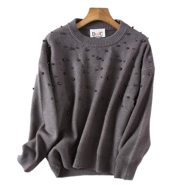 Γυναικείο φαρδύ πουλόβερ σε γκρι και μαύρο χρώμα με χάντρες