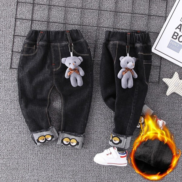 Νέο μοντέλο κεντημένα παιδικά τζιν με μαλακή επένδυση σε μαύρο χρώμα
