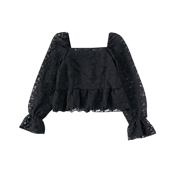 Retro stílusú csipke női blúz szögletes nyakkivágással és lótusz ujjakkal