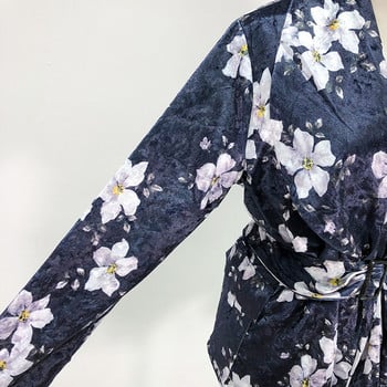 Μοντέρνο καθημερινό γακάκι από βελούδο  με floral print σε μπλέ χρώμα