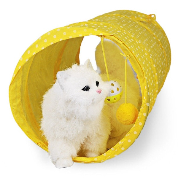 Tunel pliabil cu două jucării pentru animale de companie în portocaliu, violet și galben