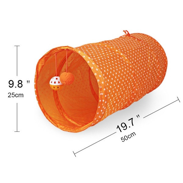 Tunel pliabil cu două jucării pentru animale de companie în portocaliu, violet și galben