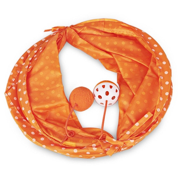 Tunel pliabil cu două jucării pentru animale de companie în portocaliu, violet și galben