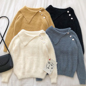 Μοντέρνο γυναικείο τετράχρωμο πουλόβερ με κουμπιά και μακρύ μανίκι