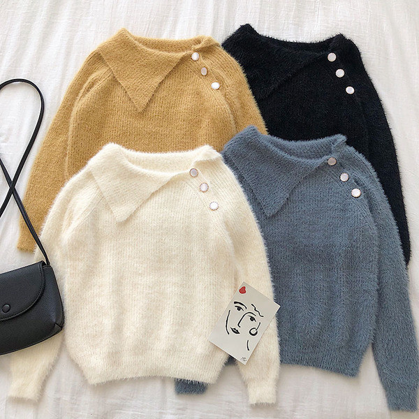 Μοντέρνο γυναικείο τετράχρωμο πουλόβερ με κουμπιά και μακρύ μανίκι