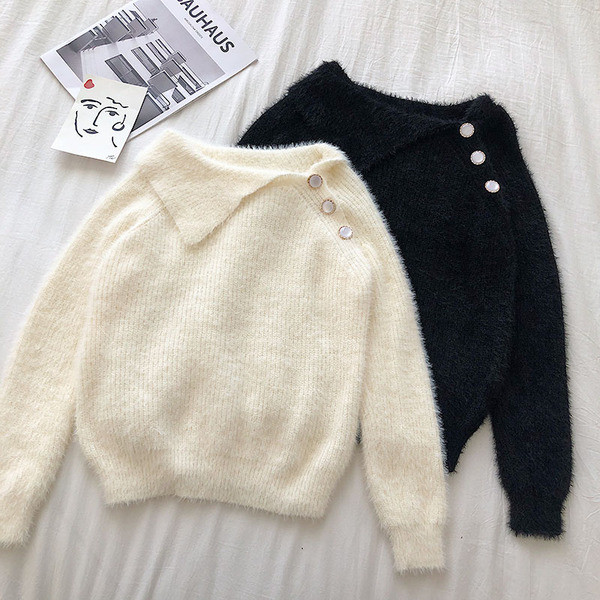 Μοντέρνο γυναικείο τετράχρωμο πουλόβερ με κουμπιά και μακρύ μανίκι