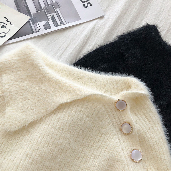 Μοντέρνο γυναικείο τετράχρωμο πουλόβερ με κουμπιά και μακρύ μανίκι