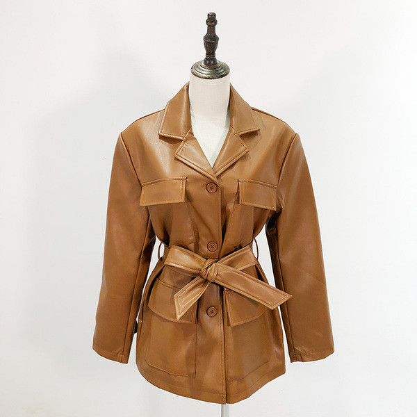 Jachetă maro modernă cu nasturi și curea din piele ecologică