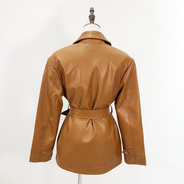Jachetă maro modernă cu nasturi și curea din piele ecologică