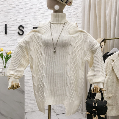 Pulover de dama model nou cu guler polo inalt - model larg in alb si negru