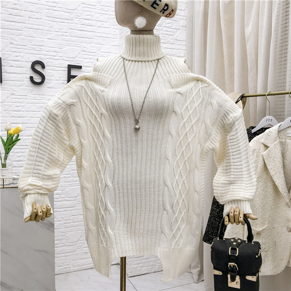 Pulover de dama model nou cu guler polo inalt - model larg in alb si negru