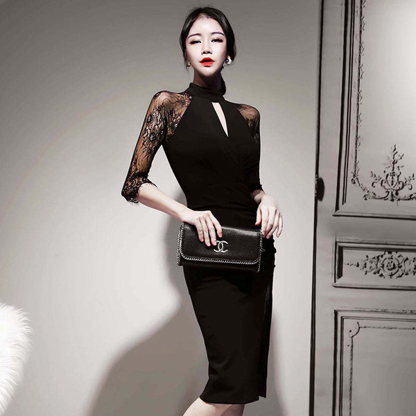 Rochie scurta eleganta de dama cu dantela si crapatura in negru