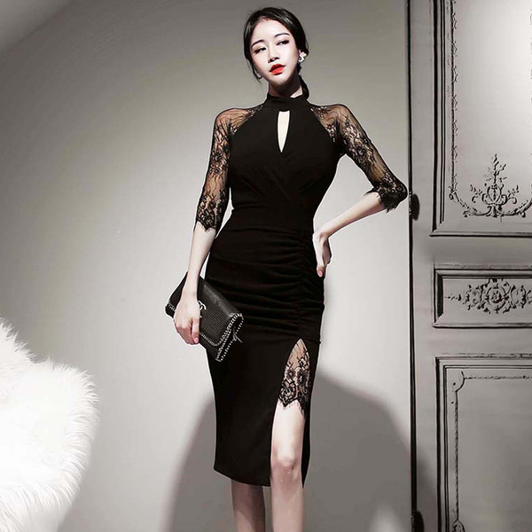 Rochie scurta eleganta de dama cu dantela si crapatura in negru