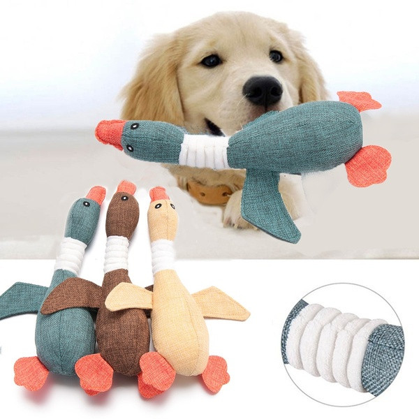 Плюшена играчка за кучета във формата на гъска в кафяв, бежов и син цвят