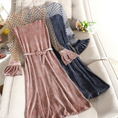 Rochie de dama moderna din catifea plisata cu curea in roz, negru si albastru