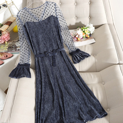 Rochie de dama moderna din catifea plisata cu curea in roz, negru si albastru