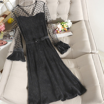 Rochie de dama moderna din catifea plisata cu curea in roz, negru si albastru