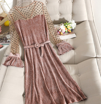 Rochie de dama moderna din catifea plisata cu curea in roz, negru si albastru