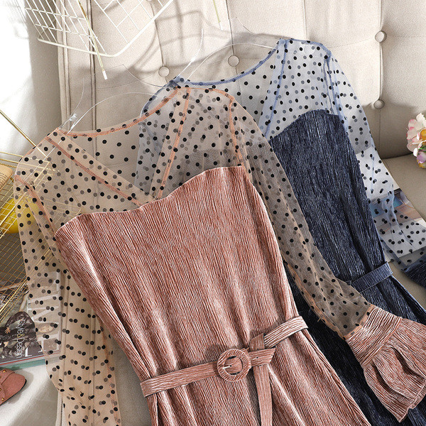 Rochie de dama moderna din catifea plisata cu curea in roz, negru si albastru