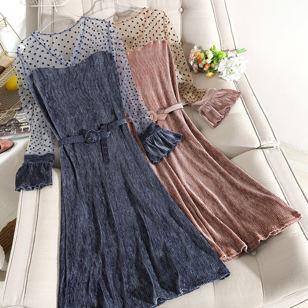 Rochie de dama moderna din catifea plisata cu curea in roz, negru si albastru