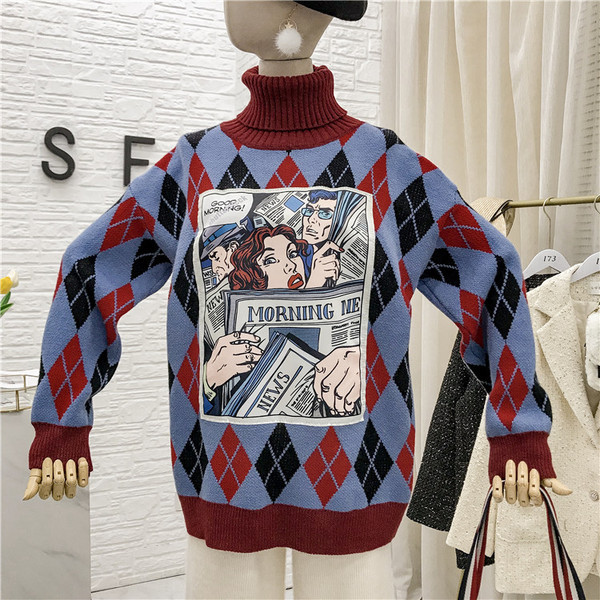 Γυναικείο πουλόβερ με ψηλό κολάρο, εφαρμογή και χρωματιστό μοτίβο