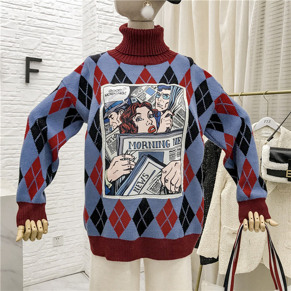 Γυναικείο πουλόβερ με ψηλό κολάρο, εφαρμογή και χρωματιστό μοτίβο