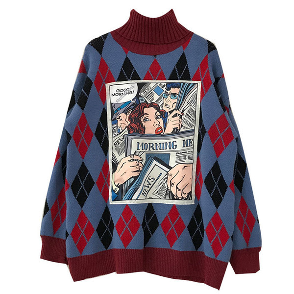 Γυναικείο πουλόβερ με ψηλό κολάρο, εφαρμογή και χρωματιστό μοτίβο