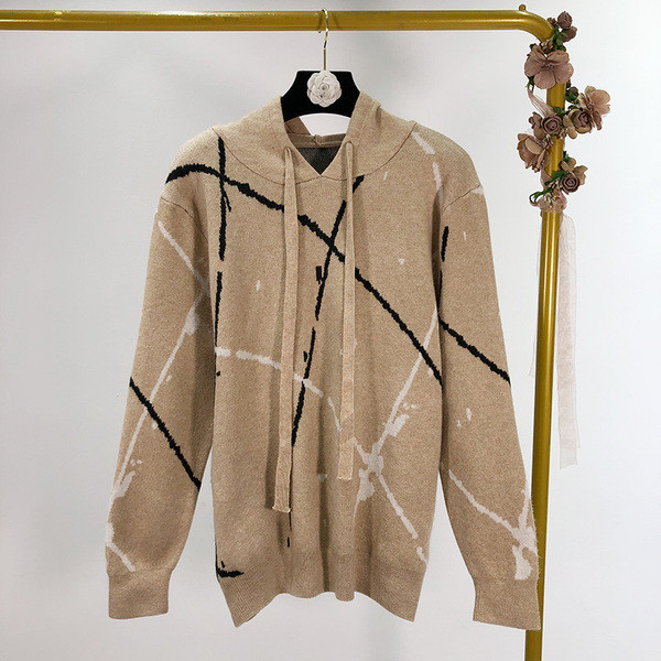 Pulover de iarnă casual de damă cu glugă în bej și negru