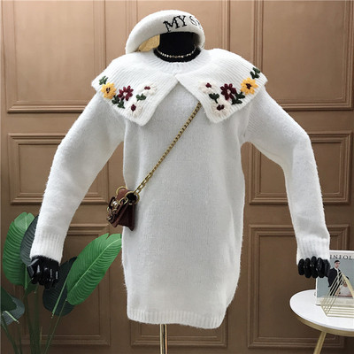 Νέο μοντέλο πλεκτό γυναικείο πουλόβερ με κολάρο ζακάρ και κεντήματα - ρετρό στυλ σε μπλε, λευκό και γκρι χρώμα