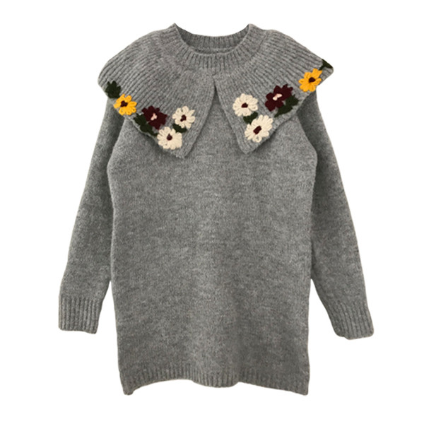 Νέο μοντέλο πλεκτό γυναικείο πουλόβερ με κολάρο ζακάρ και κεντήματα - ρετρό στυλ σε μπλε, λευκό και γκρι χρώμα