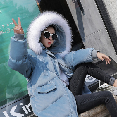 Ζεστό χειμωνιάτικο μακρύ γυναικείο μπουφάν με κουκούλα σε μπλε και άσπρο χρώμα