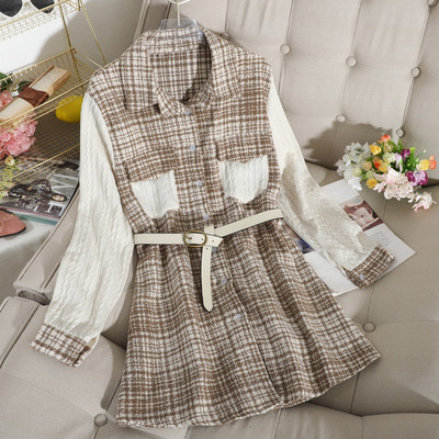 Γυναικείο καρό φόρεμα ρετρό στυλ με μαύρο, μπεζ και κόκκινοχρώμα με  ζώνη