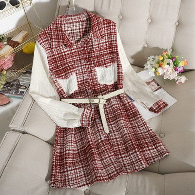 Γυναικείο καρό φόρεμα ρετρό στυλ με μαύρο, μπεζ και κόκκινοχρώμα με  ζώνη