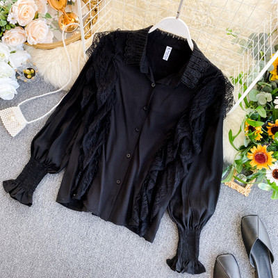 Μοντέρνο γυναικείο πουκάμισο με μακριά μανίκια και δαντέλα σε λευκό, ροζ, μπεζ και μαύρο χρώμα