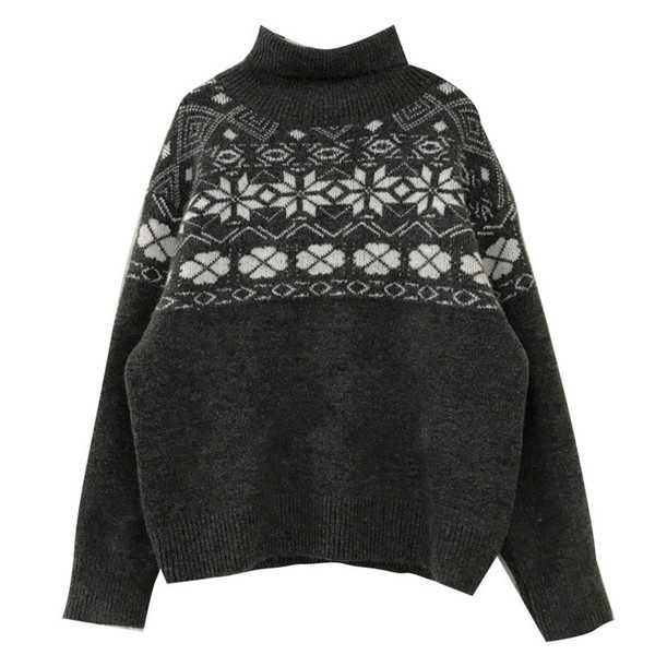 Γυναικείο πουλόβερ  με ψηλό γιακά σε γκρι και καφέ χρώμα με  χιοωονιφάδες